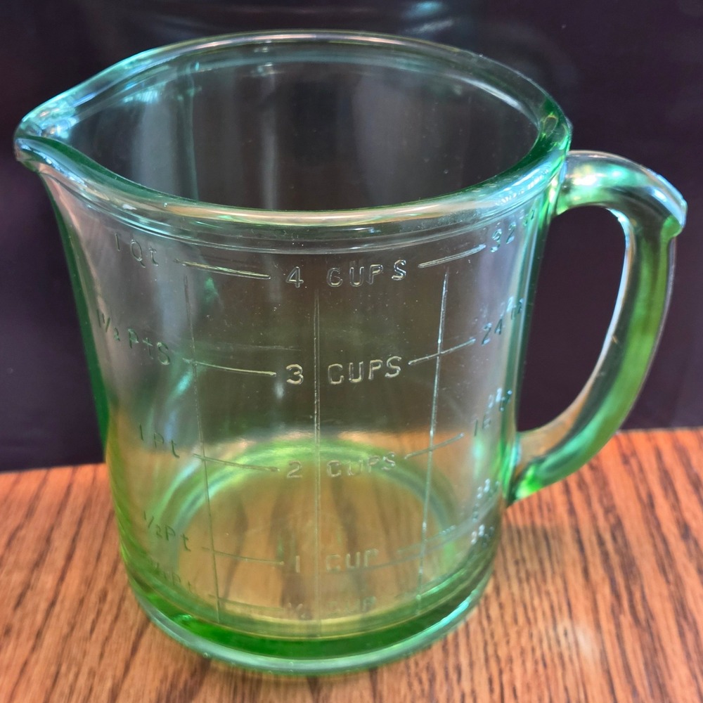 Hazel-Atlas Measuring Cup 4 Cup Green Uranium Glass Depression Vintage 1 Qt H-A